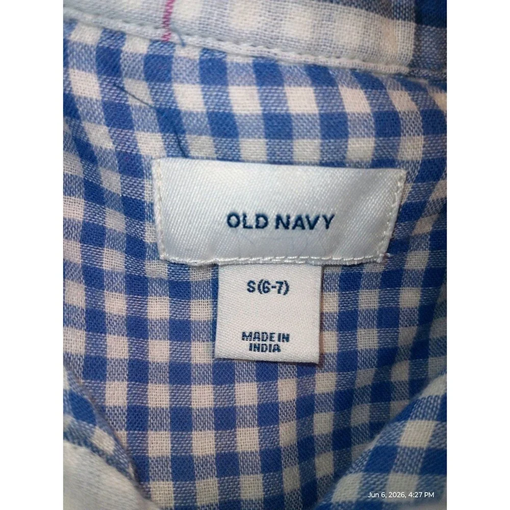 Old Navy Girls S (6-7) Blue White Pink Plaid Long Sleeve Collared Button-Up